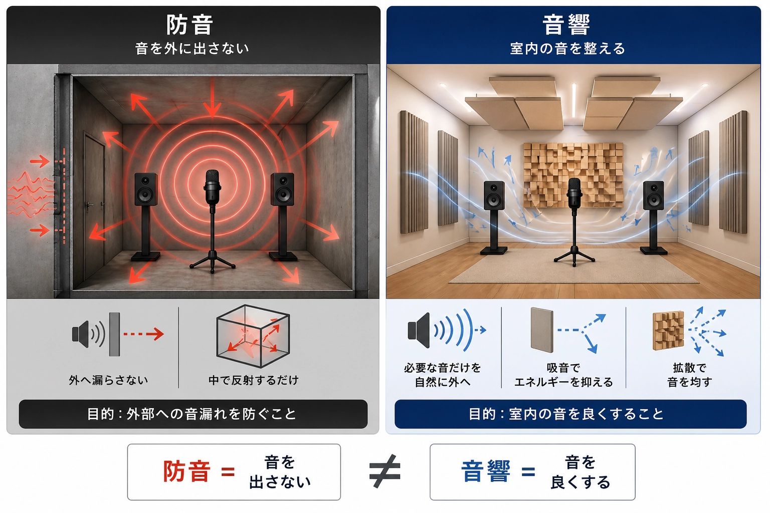 空間内の反射と干渉が周波数応答へ影響する様子を示した図